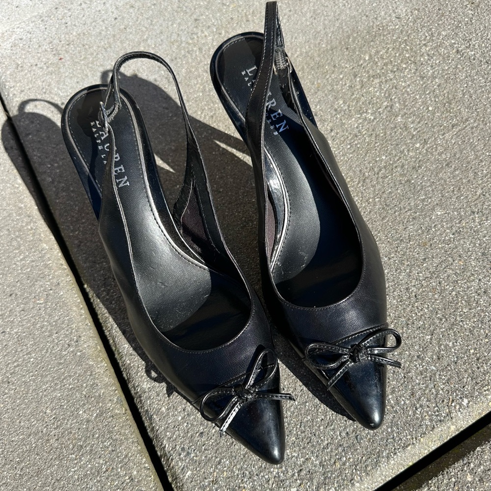 Ralph Lauren Leather Bow Sling Back Kitten Heels - Picture 2 of 12